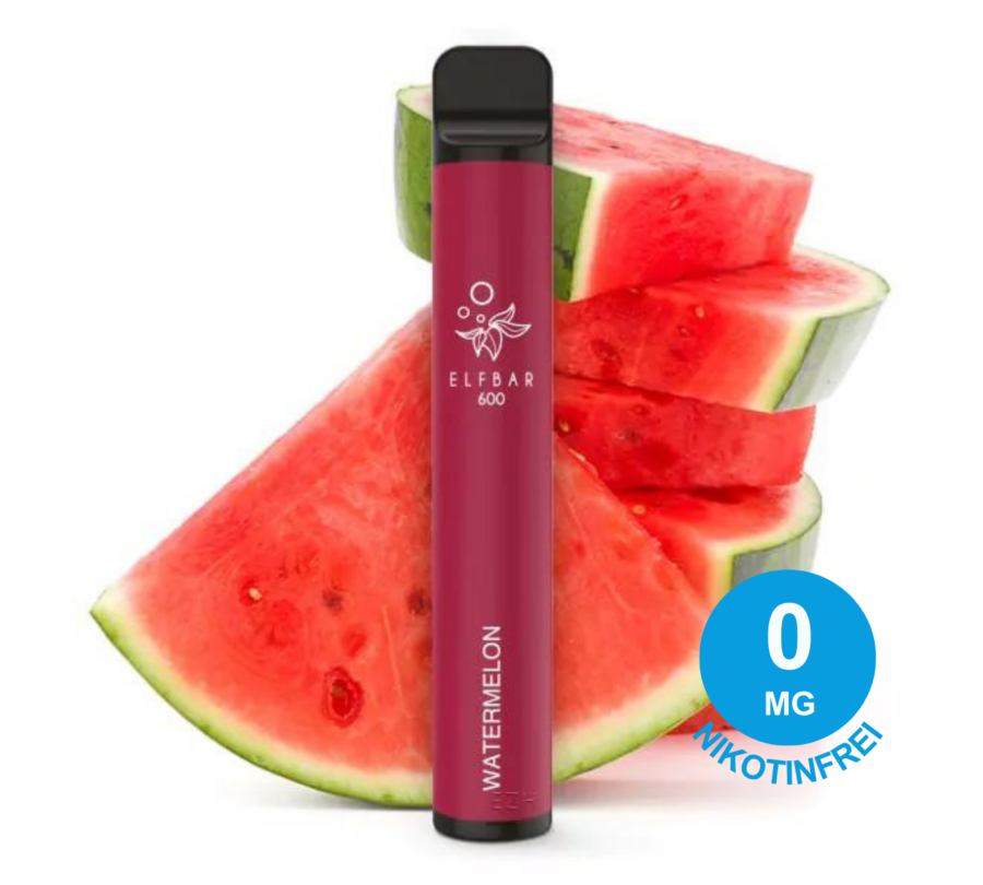 Elf Bar 600 Einweg-Vape-Pen Mit Der Aufschrift „Watermelon Nikotinfrei“ Mit Geschnittenen Wassermelonenstücken, 0 Mg-Abzeichen.