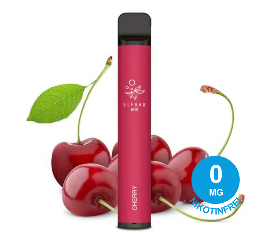 Red Elf Bar 600 Einweg-Vape-Pen Mit Kirschgeschmack, Aufschrift „Nikotinfrei“, Umgeben Von Reifen Kirschen Mit Grünen Blättern. Blaues Abzeichen „0Mg“.