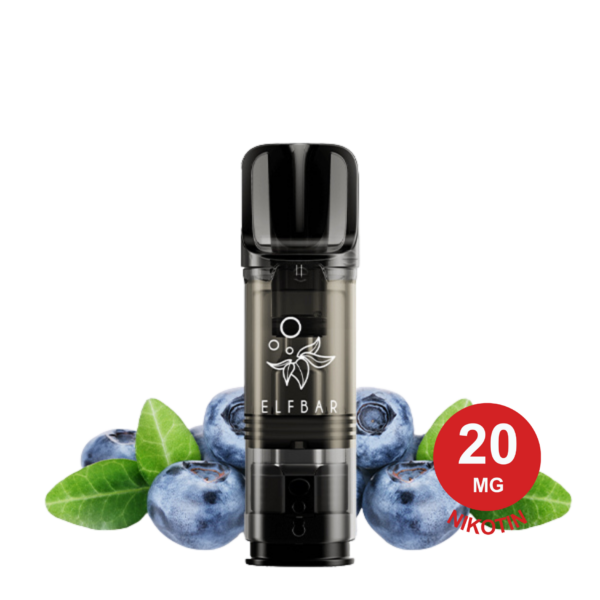 Blueberry ELFA Pod, umgeben von frischen Blaubeeren und grünen Blättern.