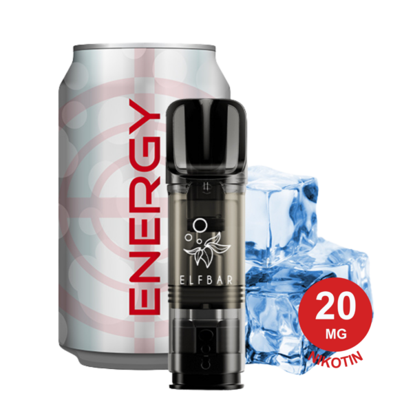 Energydrink-Dose Mit Auffälligem Roten „Energy“-Etikett Und Elfstorm Ice-Vaping-Gerät Auf Weißem Hintergrund Mit Eiswürfeln.