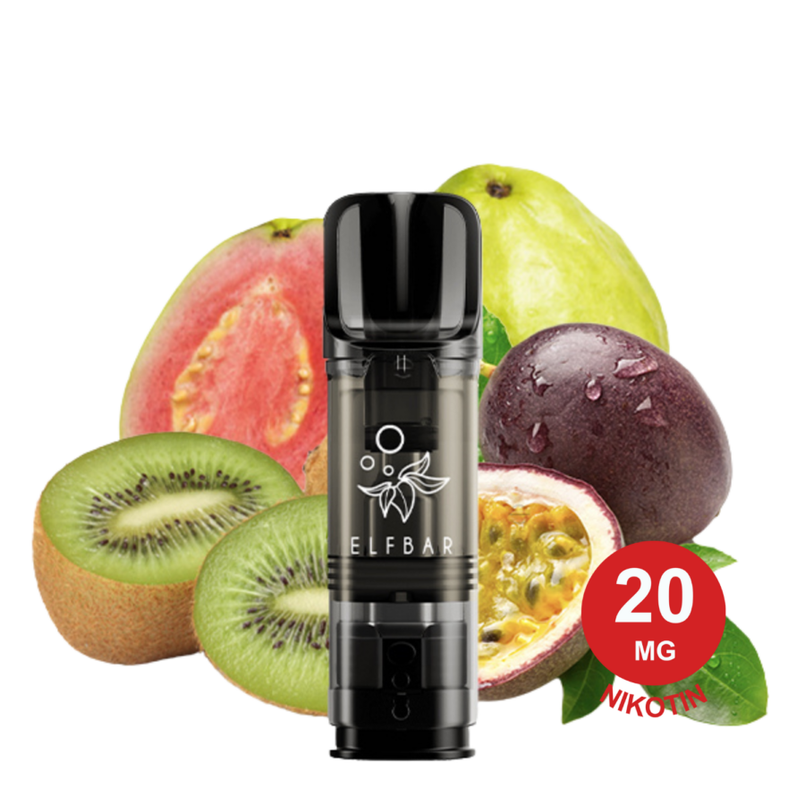 Elfa Pod Vape-Gerät Mit Kiwi-Passionsfrucht-Guave-Geschmack, Frischer Kiwi, Passionsfrucht, Guave Und Aufgeschnittener Feige Im Hintergrund.