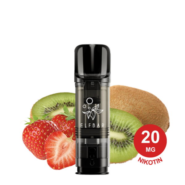 2X Strawberry Kiwi Elfa Pod“ Vor Halbierter Kiwi Und Zwei Erdbeeren, Farbenfroher, Frischer Hintergrund.