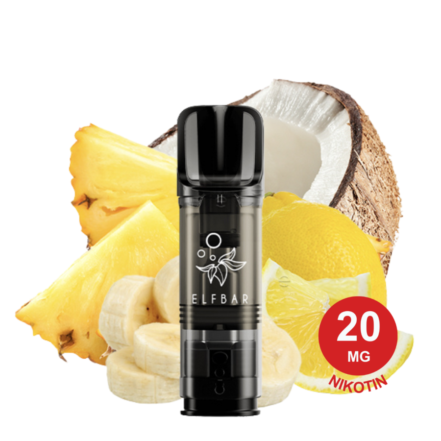 2X Tropenfrucht Elfa Pod Mit Ananas, Banane, Zitronenscheiben Und Halbierter Kokosnuss Im Hintergrund