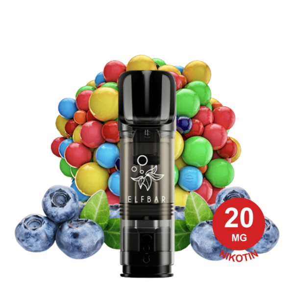 Blueberry Bg Elfa Pod Vape-Gerät Mit Elfbar-Logo, Umgeben Von Bunten Kaugummikugeln Und Frischen Blaubeeren.