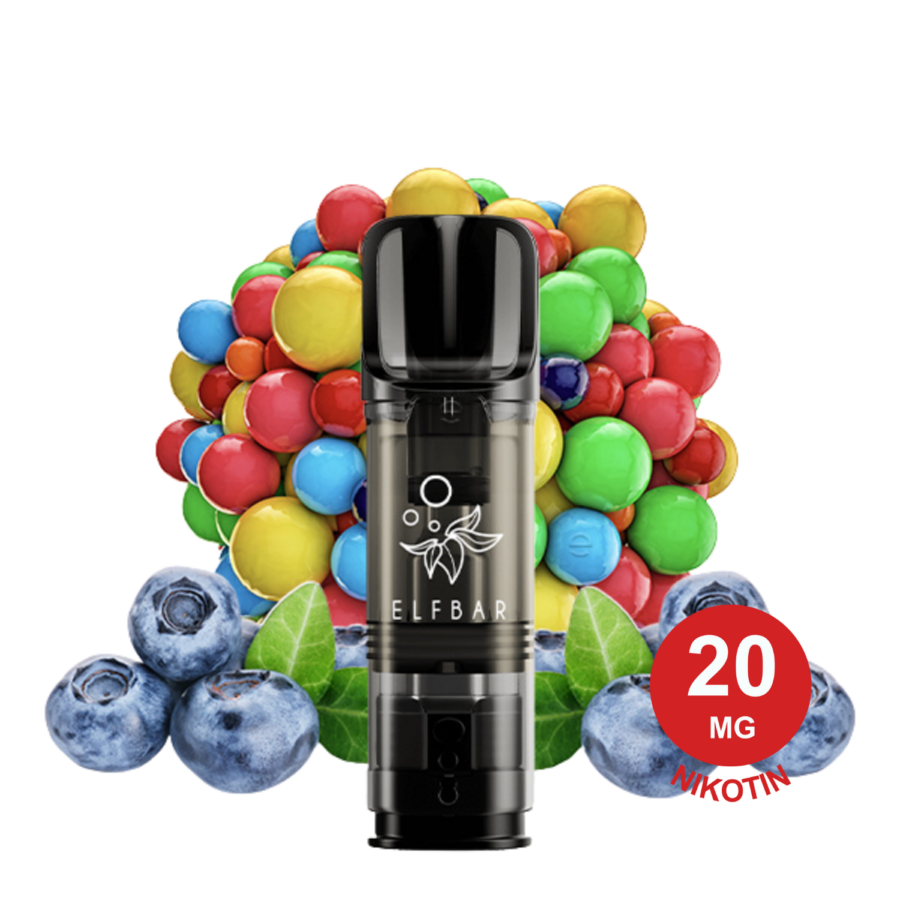Blueberry Bg Elfa Pod Vape-Gerät Mit Elfbar-Logo, Umgeben Von Bunten Kaugummikugeln Und Frischen Blaubeeren.