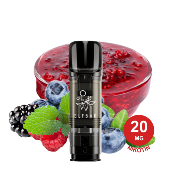 Blueberry Snoow ELFA Pod Vape neben Beerenmarmelade in einer Glasschale mit frischen Blaubeeren, Himbeeren, Brombeeren und Minzblättern.