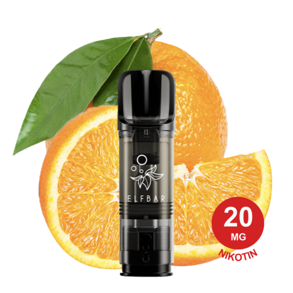 Schwarz-Orangefarbener Elfa Pod Vape Pen Von Elf Bar Mit Frischer Orange Und Orangenscheibe Auf Weißem Hintergrund
