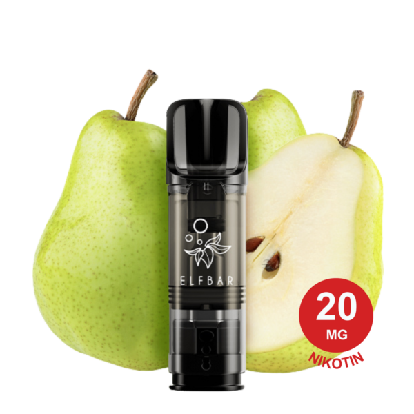 Schwarzes Vaping-Gerät „2X Pear Elfa Pod“ Mit Ganzen Und Halben Grünen Birnen Mit Birnengeschmack, Gesprenkelter Schale Und Braunen Kernen.