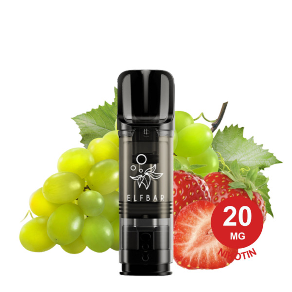 Elfbar-Vaping-Gerät Vor Frischen Grünen Trauben Und Geschnittenen Erdbeeren, Was Auf Den 2X Strawberry Grape Elfa Pod-Geschmack Hinweist.