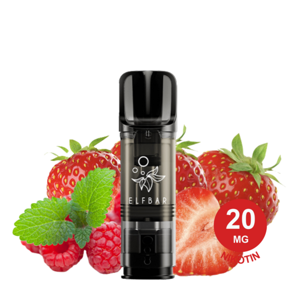Elfbar Strawberry Raspberry Elfa Pod Vape-Gerät Mit Frischen Erdbeeren, Himbeeren, Grünen Minzblättern Auf Weißem Hintergrund.