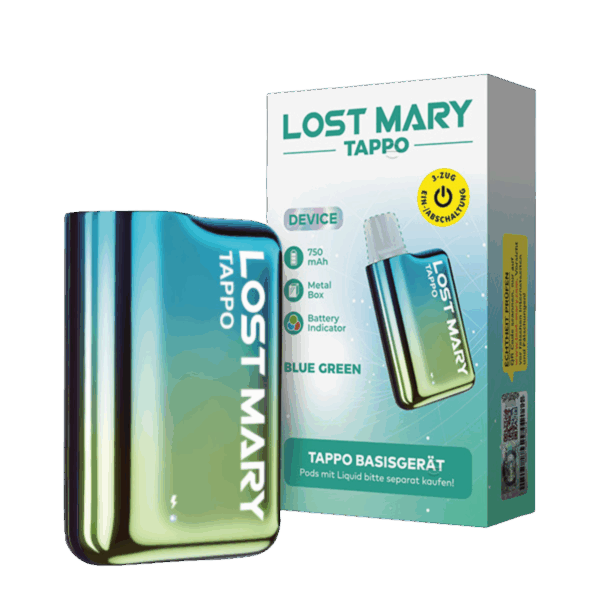 Lost Mary Tappo Vape In Blaugrün Mit Reflektierendem Finish, Fettem Weißen ‚Lost Mary‘ Und Modellnamen.