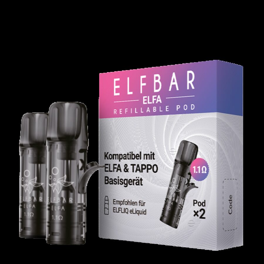 Box Mit Der Aufschrift „2X Elfbar Elfa Refillable Pod 1,1 Ω“ Mit Zwei Nachfüllbaren Pods, Lila-Weißer Farbverlaufsbox, Text Zur Kompatibilität.