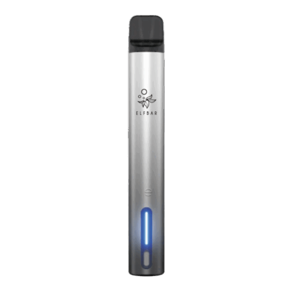 Aurora Black ELFA Turbo Pod Kit aufrecht stehend, schwarzes Mundstück oben, leuchtend blaues Licht in der Nähe der Basis, aufgedrucktes Elf Bar-Logo.