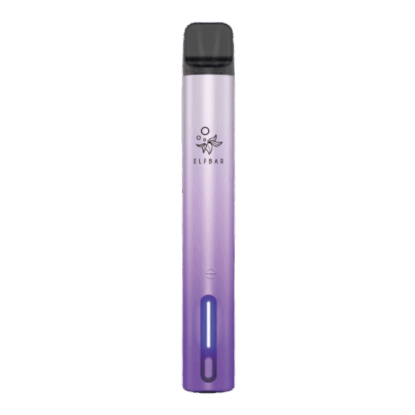 Aurora Purple ELFA Turbo Pod Kit aufrecht stehend, schwarzes Mundstück oben, leuchtend blaues Licht in der Nähe der Basis, aufgedrucktes Elf Bar-Logo.