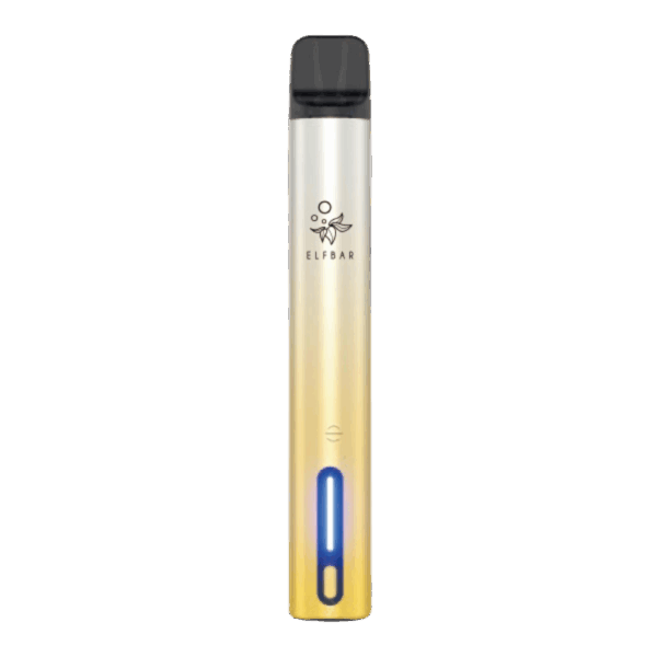 Ein ELFA Turbo Pod Kit Aurora Gold Vape Pen mit Farbverlauf von Gelb nach Weiß und schwarzem Mundstück. Der Markenname „Elf Bar“ und ein kleines Logo sind oben auf dem weißen Bereich zu sehen. Unten am Gerät befindet sich eine blaue Kontrollleuchte.