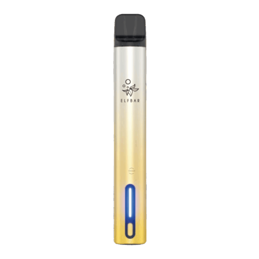 Ein Elfa Turbo Pod Kit Aurora Gold Vape Pen Mit Farbverlauf Von Gelb Nach Weiß Und Schwarzem Mundstück. Der Markenname „Elf Bar“ Und Ein Kleines Logo Sind Oben Auf Dem Weißen Bereich Zu Sehen. Unten Am Gerät Befindet Sich Eine Blaue Kontrollleuchte.