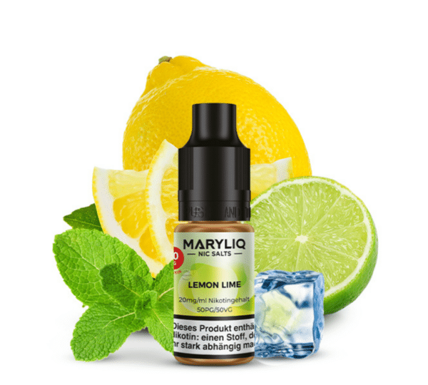 Eine Flasche Lemon Lime MARYLIQ 10ml E-Liquid steht vor einem farbenfrohen Arrangement aus Zitrone, Limette, Minzblättern und Eiswürfeln. Das Flaschenetikett weist auf einen Nikotingehalt von 20mg/ml (Nic-Salts) hin