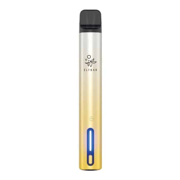 Ein ELFA Turbo Pod Kit Aurora Gold Vape Pen mit Farbverlauf von Gelb nach Weiß und schwarzem Mundstück. Der Markenname „Elf Bar“ und ein kleines Logo sind oben auf dem weißen Bereich zu sehen. Unten am Gerät befindet sich eine blaue Kontrollleuchte.