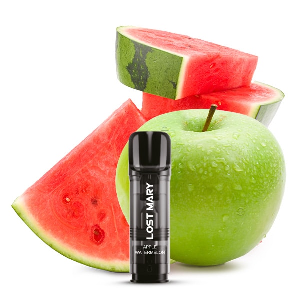 Eleganter, schwarzer, zylindrischer Verdampfer mit der Aufschrift „2x Apple Watermelon TAPPO Pod“, grünen Apfelscheiben und saftigen Wassermelonenspalten.