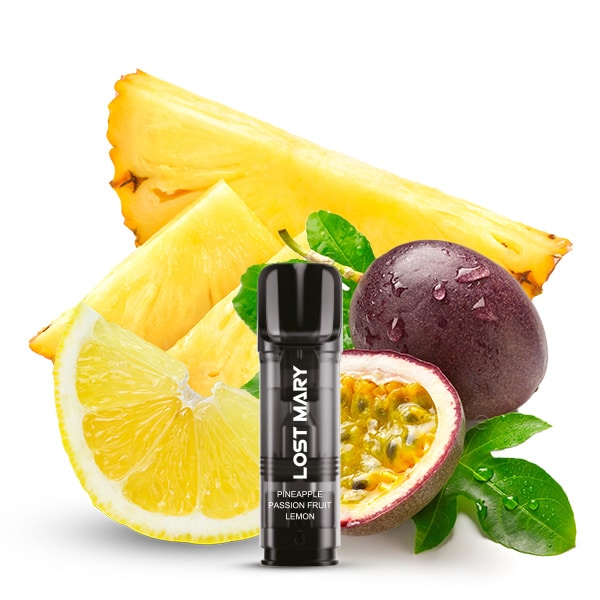 2x Pineapple-Passionfruit -Lemon-TAPPO-Pod-Lost Mary Pod mit frischer Ananas, Passionsfrucht und Zitrone für fruchtigen Geschmack.