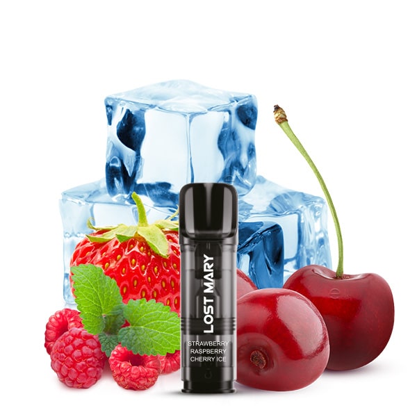 Vape-Gerät 2x Strawberry-Raspberry-Cherry-Ice TAPPO Pod mit Erdebeeren, Himbeeren, Kirschen und Eiswürfeln für einen kühlen, fruchtigen Geschmack.