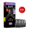 Bild des ELFX-Nachfüllsets – Schwarz. Auf der Verpackung sind ein Widerstand von 0,8 Ω und Dual-Mesh-Technologie angegeben, die mit der ELF X-Serie kompatibel sind. Die Schachtel enthält 3 nachfüllbare Pods mit jeweils 2 ml Fassungsvermögen. Neben der Schachtel sind drei nachfüllbare Pods abgebildet.