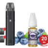 Ein Vape-Kit mit Blaubeer-E-Liquid, einem Gerät, zwei Pods und frischen Blaubeeren für ein verbessertes Geschmackserlebnis.