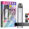 Nachfüllset von ELFX – Silber, mit elegantem Verdampfergerät mit zwei Nachfüllkapseln (0,6 Ω und 0,8 Ω) auf weißem Hintergrund.