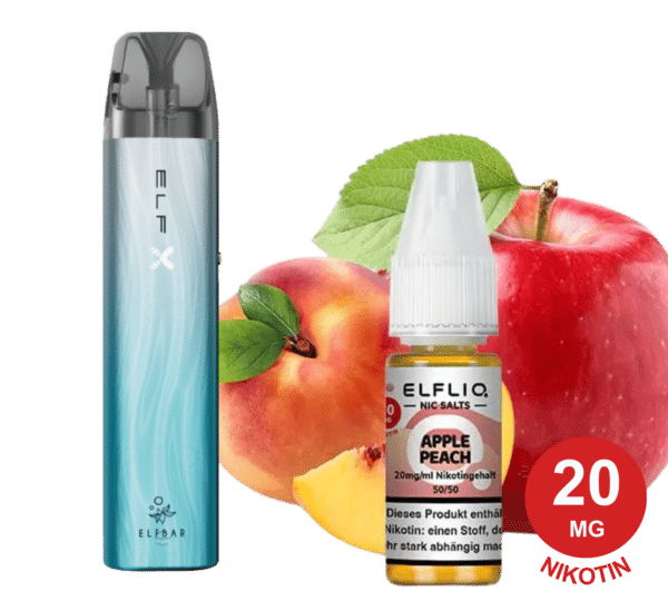 ELFX Probierset Silver & Apple Peach Vape Pens neben einer Flasche Elfliq Apple Peach E-Liquid. Dahinter ist ein Hintergrund mit einem Apfel und einem Pfirsich zu sehen. Ein rundes rotes Etikett neben der E-Liquid-Flasche weist auf „20 MG Nikotin“ hin.