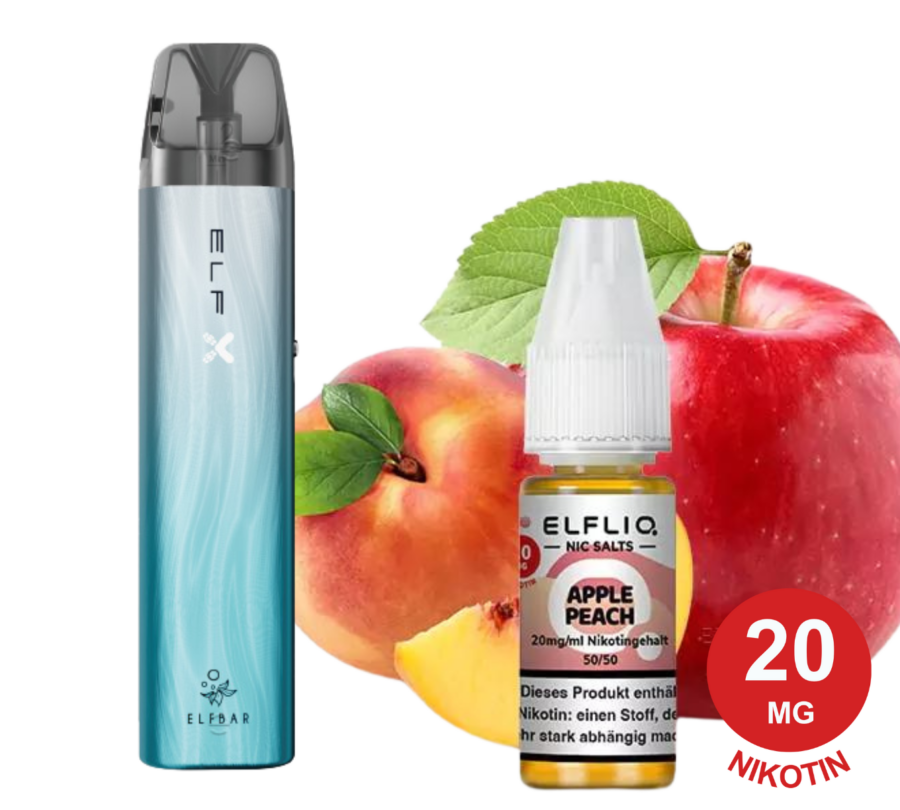 ELFX Probierset Silver & Apple Peach Vape Pens neben einer Flasche Elfliq Apple Peach E-Liquid. Dahinter ist ein Hintergrund mit einem Apfel und einem Pfirsich zu sehen. Ein rundes rotes Etikett neben der E-Liquid-Flasche weist auf „20 MG Nikotin“ hin.