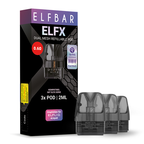 Bild des ELFX-Nachfüllsets – Schwarz. Auf der Verpackung sind ein Widerstand von 0,6 Ω und Dual-Mesh-Technologie angegeben, die mit der ELF X-Serie kompatibel sind. Die Schachtel enthält 3 nachfüllbare Pods mit jeweils 2 ml Fassungsvermögen. Neben der Schachtel sind drei nachfüllbare Pods abgebildet.