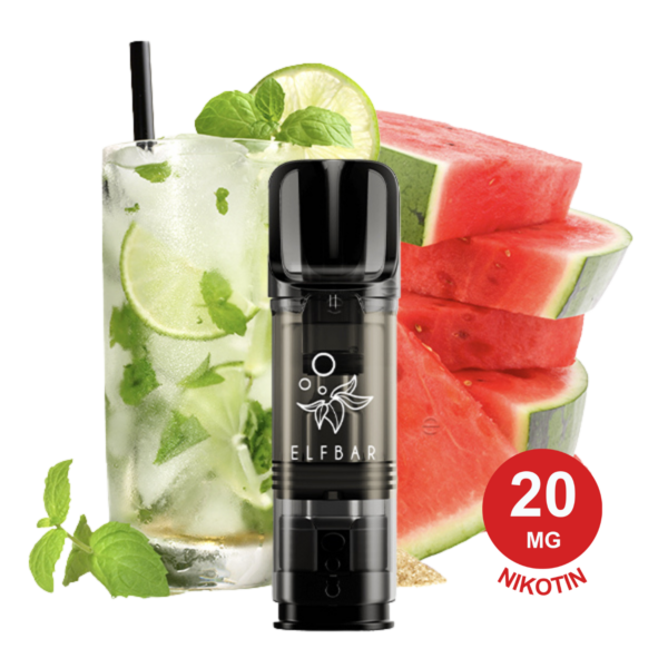 Wassermelonen-Mojito Elfa Pod Mit Erfrischendem Mojito-Cocktail, Limettenscheibe, Minzgarnitur Und Reifen Wassermelonenscheiben Im Hintergrund.