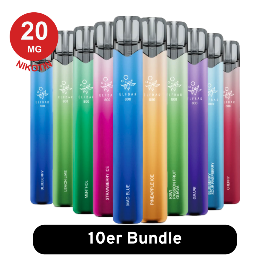 Elfbar 800 10Er Mix-Bundle E Zigaretten Vapes In Einer Ordentlichen Reihe, Mit Verschiedenen Geschmacksrichtungen Und Farbenfroher Verpackung.