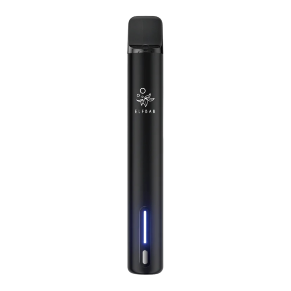 Dark Knight Black ELFA Turbo Pod Kit aufrecht stehend, schwarzes Mundstück oben, leuchtend blaues Licht in der Nähe der Basis, aufgedrucktes Elf Bar-Logo.