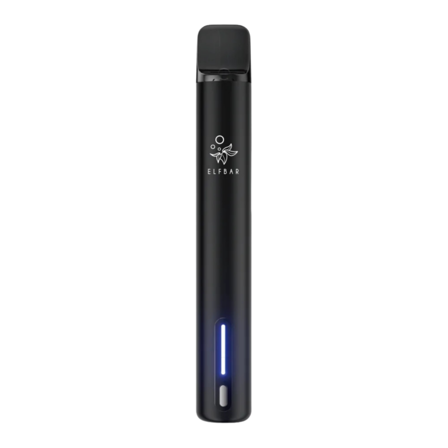 Dark Knight Black Elfa Turbo Pod Kit Aufrecht Stehend, Schwarzes Mundstück Oben, Leuchtend Blaues Licht In Der Nähe Der Basis, Aufgedrucktes Elf Bar-Logo.