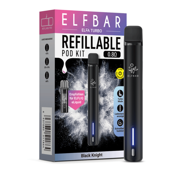 Dark Knight Black ELFA Turbo Pod Kit aufrecht stehend, schwarzes Mundstück oben, leuchtend blaues Licht in der Nähe der Basis, aufgedrucktes Elf Bar-Logo.