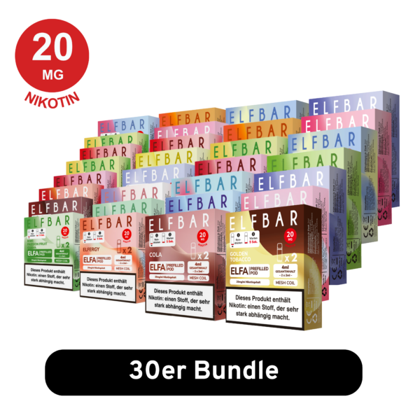 ELFBAR ELFA Pods - 30er Mix-Bundle – vorgefüllte Elfbar Pods mit 20 mg/ml Nikotinsalz in verschiedenen Geschmacksrichtungen wie Cola, Kiwi Passion Fruit Guava und Elfergy. Kompatibel mit ELFA Akkuträgern, ausgestattet mit Mesh Coil-Technologie für intensiven Geschmack und sanften Dampf.