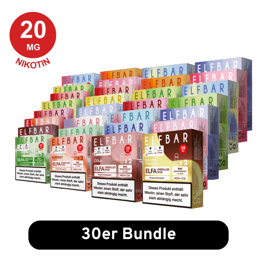 Elfbar Elfa Pods - 30Er Mix-Bundle – Vorgefüllte Elfbar Pods Mit 20 Mg/Ml Nikotinsalz In Verschiedenen Geschmacksrichtungen Wie Watermelon, Kiwi Passion Fruit Guava, Cherry Und Blueberry. Kompatibel Mit Elfa Akkuträgern, Ausgestattet Mit Mesh Coil-Technologie Für Intensiven Geschmack Und Sanften Dampf.