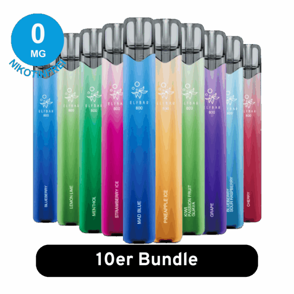 Elfbar 800 10er Mix-Bundle nikotinfrei E Zigaretten Vapes in einer ordentlichen Reihe, mit verschiedenen Geschmacksrichtungen und farbenfroher Verpackung.