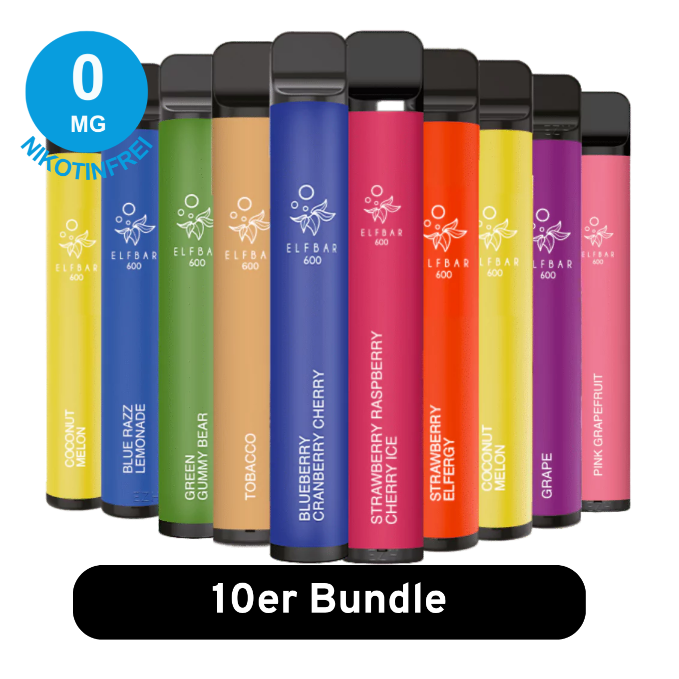 Eine Reihe Von 10 Elf Bar 600 Vape Pens In Verschiedenen Geschmacksrichtungen, Beschriftet Und Nebeneinander Angeordnet Mit Einem „0 Mg“-Nikotinzeichen.
