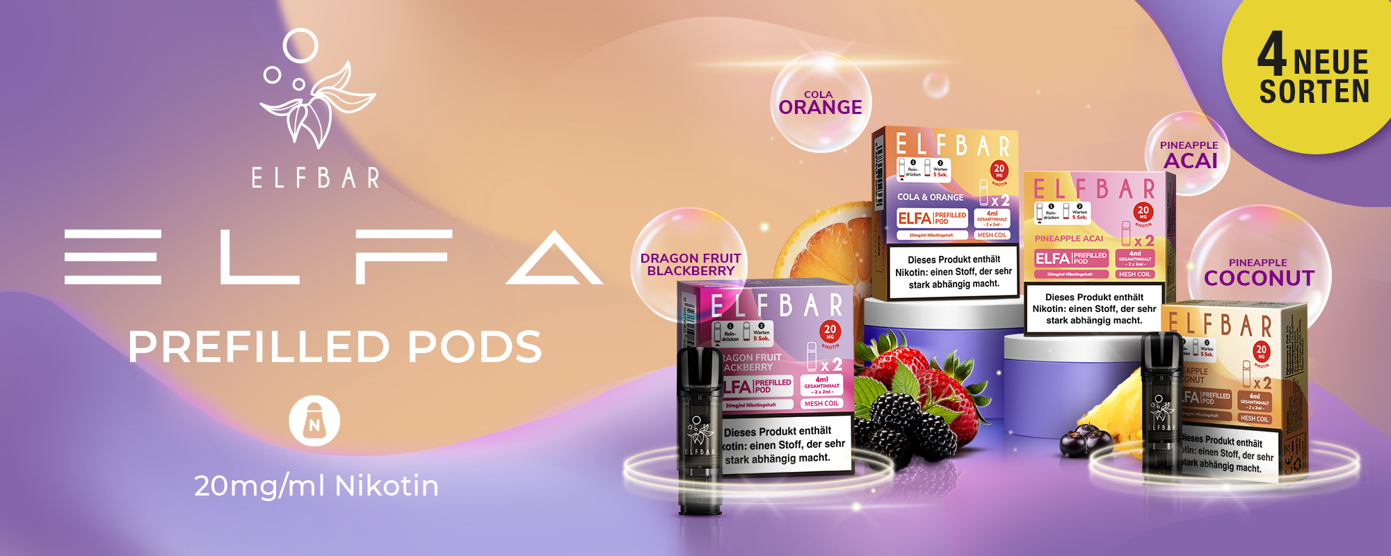 Elfbar – ELFA Pods, Liquid, und Elf Bar 600 banner Elfa by Elfbar 2000x800 4 neue sorten