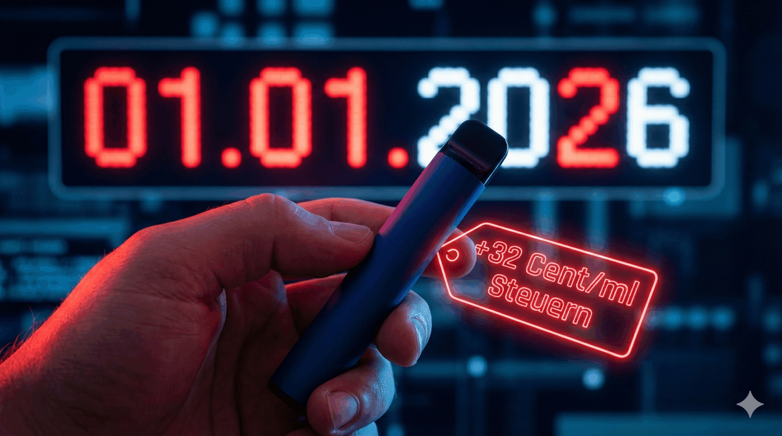 Hand Mit Einer E-Zigarette Vor Einem Digitalen Datum 01.01.2026 Und Einem Leuchtenden Preisschild, Das Die Steuererhöhung Auf 32 Cent Pro Milliliter Symbolisiert.