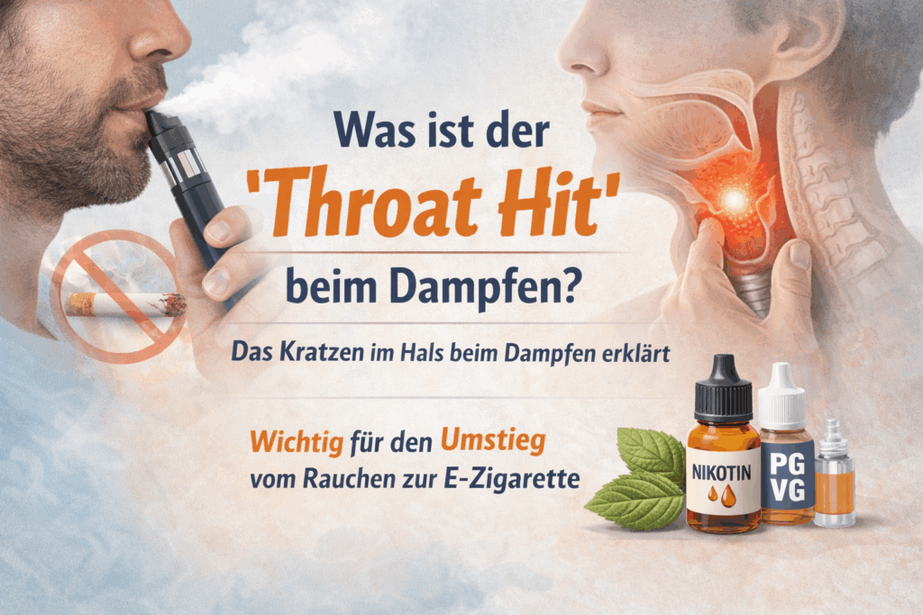 Illustration Eines Dampfers Mit E-Zigarette Und Schematischer Darstellung Des Halsbereichs Zur Erklärung Des Throat Hits Beim Dampfen.