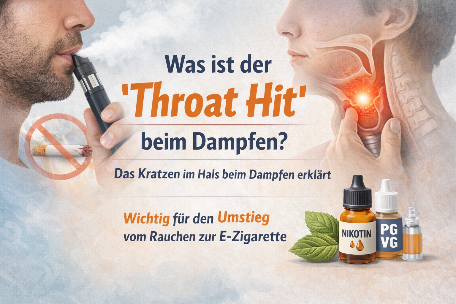 Illustration Eines Dampfers Mit E-Zigarette Und Schematischer Darstellung Des Halsbereichs Zur Erklärung Des Throat Hits Beim Dampfen.