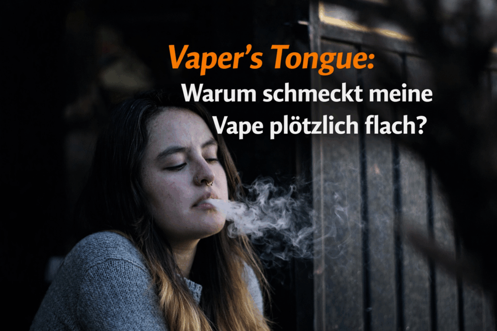 Dampferin Stößt Dampf Aus, Illustriert Das Phänomen Der Vaper’s Tongue Mit Nachlassender Geschmackswahrnehmung.