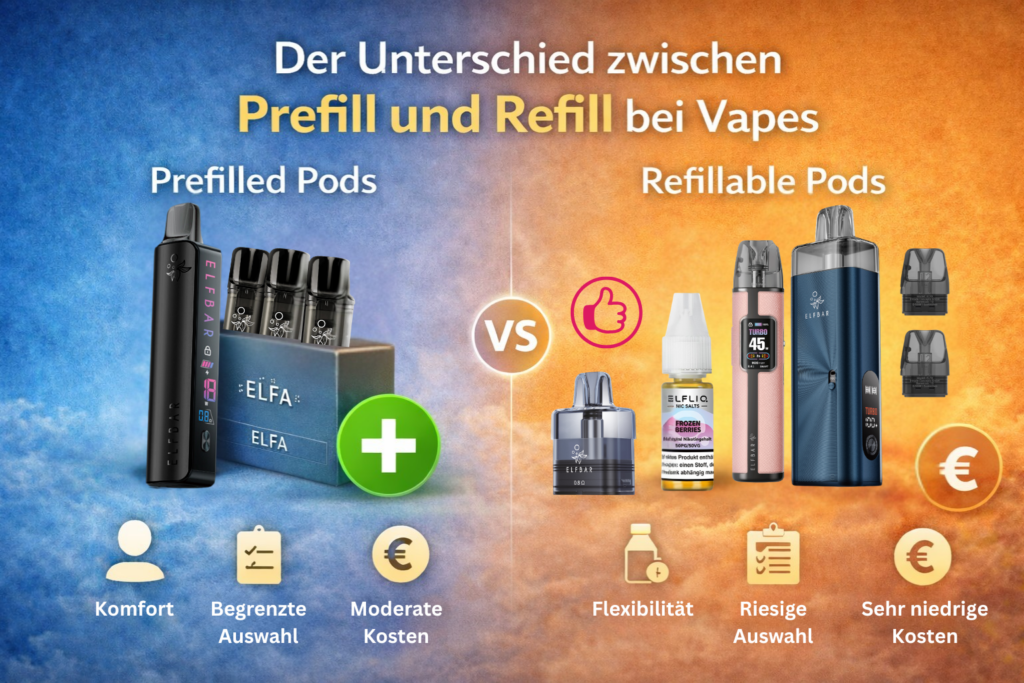 Vergleich Von Prefilled Und Refillable Pods Mit Elfbar Elfa Geräten Und Elfliq Liquid, Zeigt Unterschiede Bei Komfort, Auswahl Und Kosten.