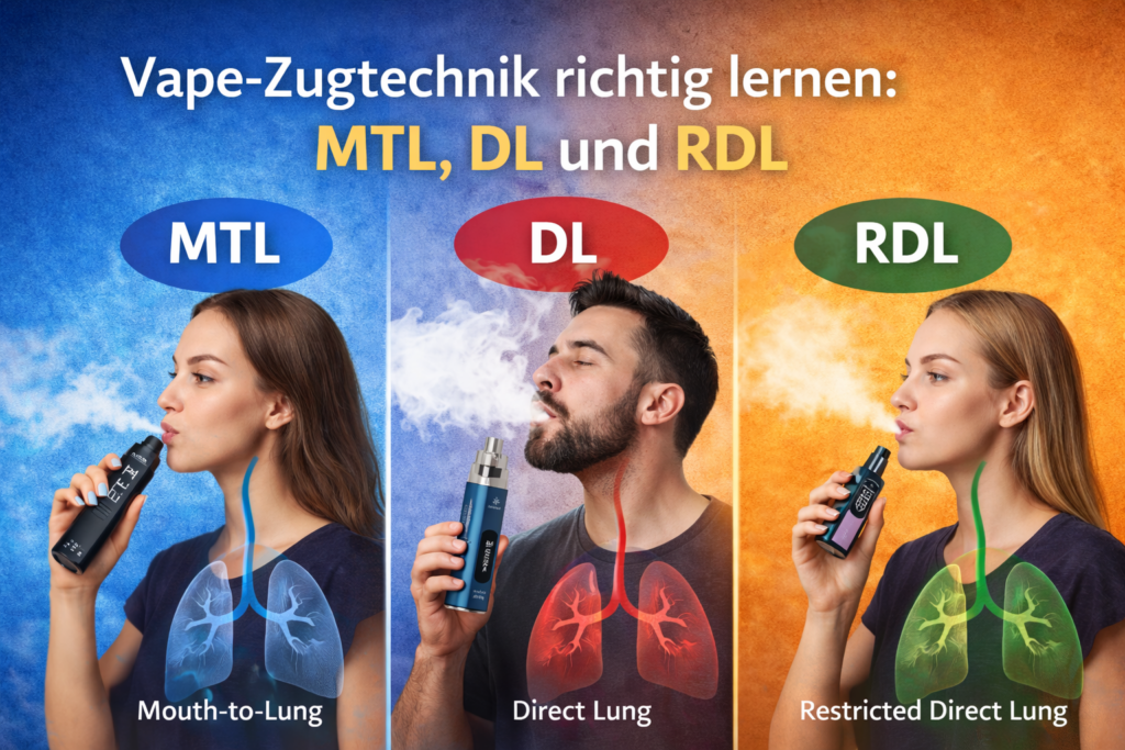 Infografik Zu Vape-Zugtechniken Mtl, Dl Und Rdl Mit Darstellung Von Inhalationsarten Und Dampfverhalten Bei E-Zigaretten.