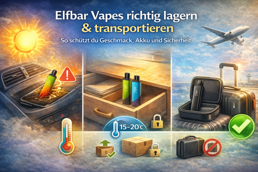 Infografik Zur Richtigen Lagerung Und Zum Sicheren Transport Von Elfbar Vapes Mit Hinweisen Zu Temperatur, Licht Und Flugreisen.