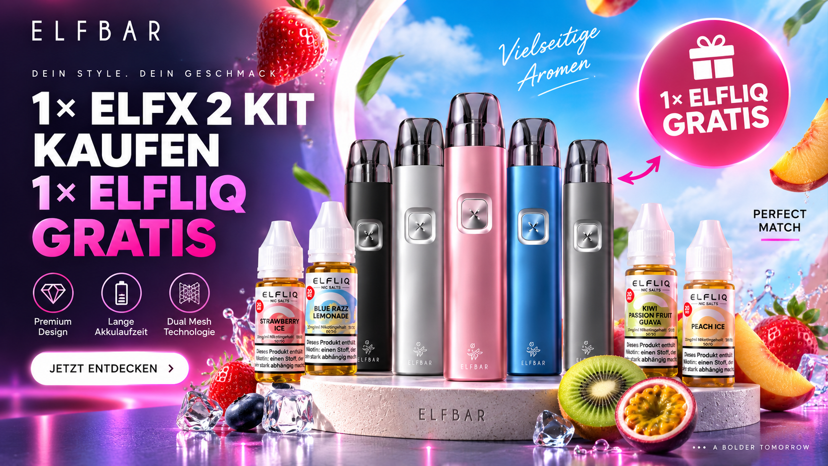Elfbar Elfx 2 Kit In Fünf Farben Mit Elfliq Liquids: Beim Kauf Eines Elfx 2 Kits Gibt Es Ein Elfliq Gratis